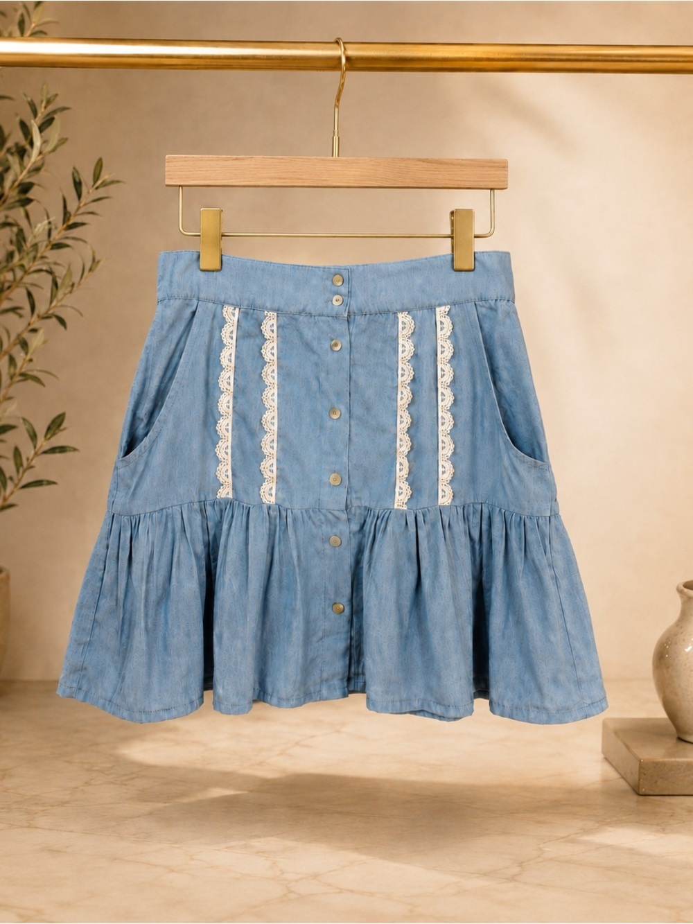 POL Womens S Light Blue Lace Trim Button Front Ruffle Mini Skirt Pockets